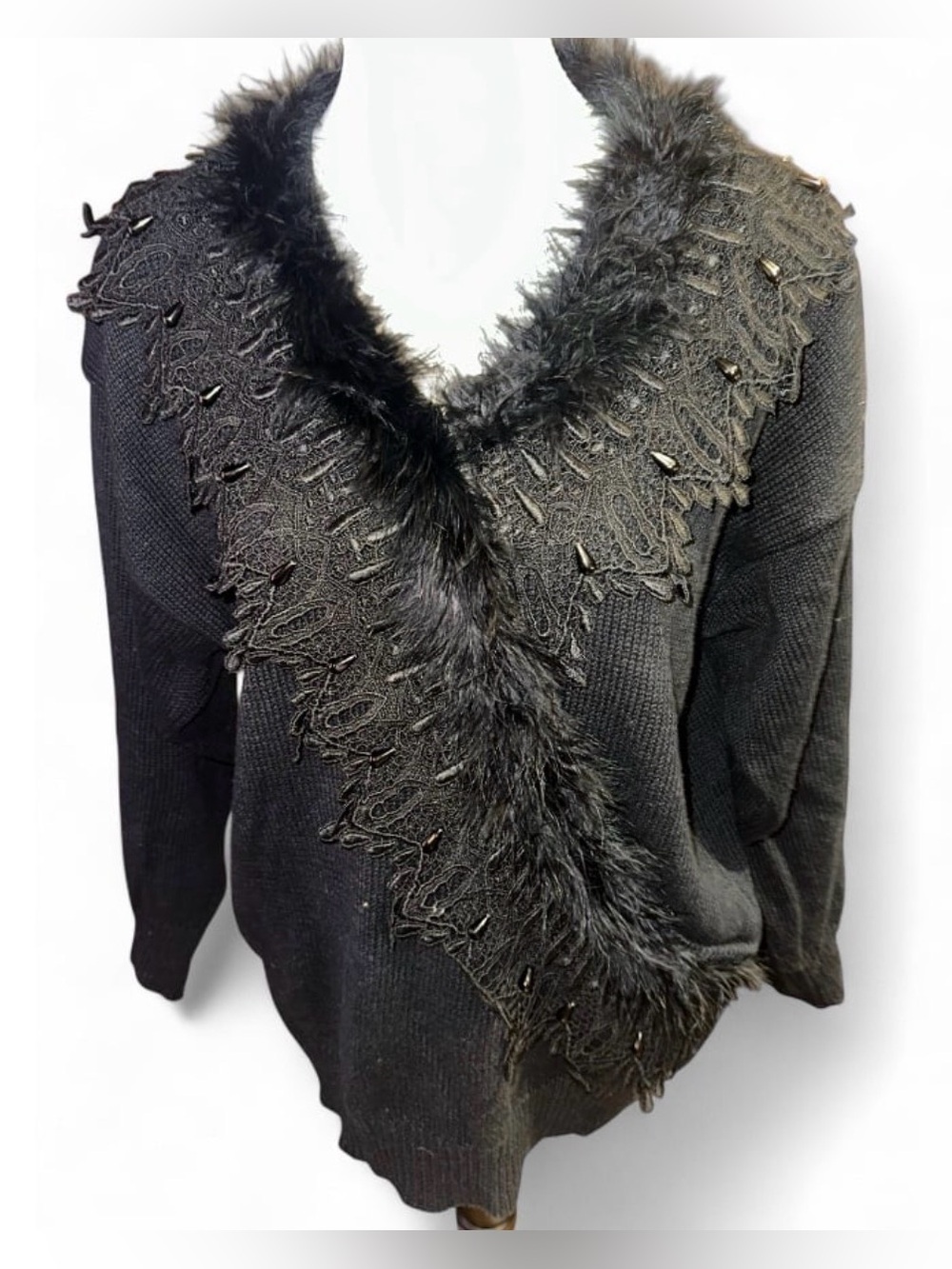 Vintage 80s Bonnie & Bill Faux Fur Collar Wrap Sweater Beaded Lace Black Large
